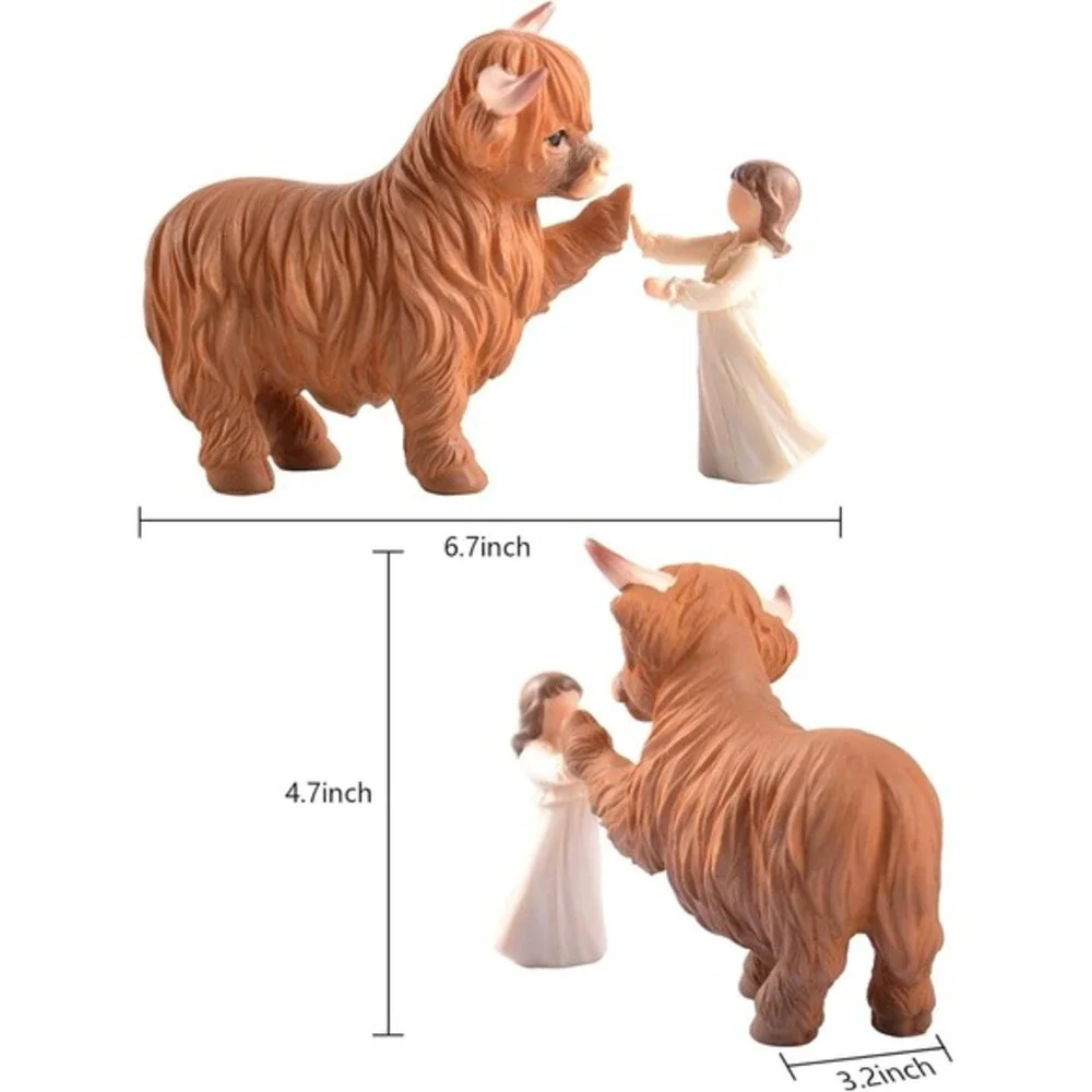 Highland Cow and Girl Resin Figurine Rustic‎ Farmhouse Decor 6.7 Inch Brown